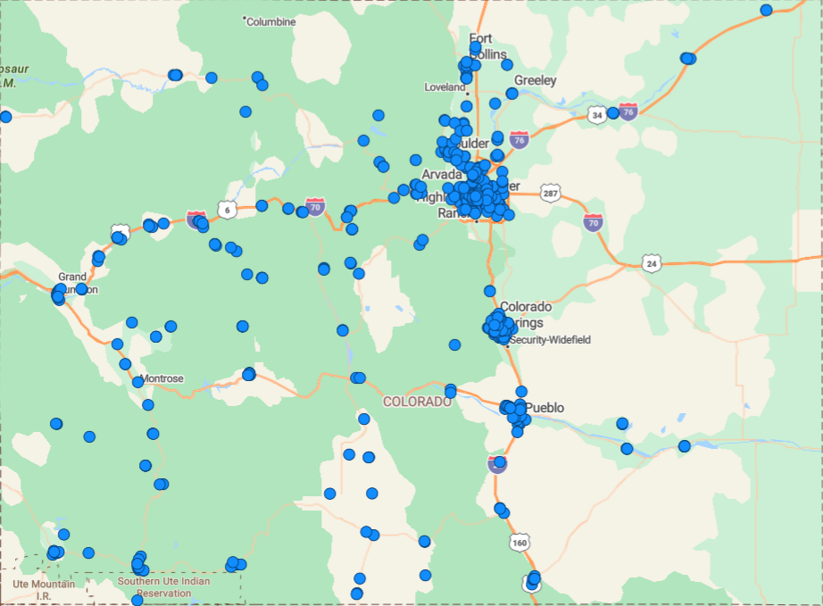 A distribution map of retailers in Colorado with large clusters in Denver ,and Arapahoe coutnies otherwise clustered along I70 and other major roadways